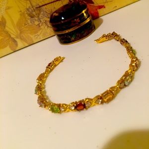 Multi Gemstone 925 Silver Gold Tone Fashion Tennis Bracelet 7-1/4 inch